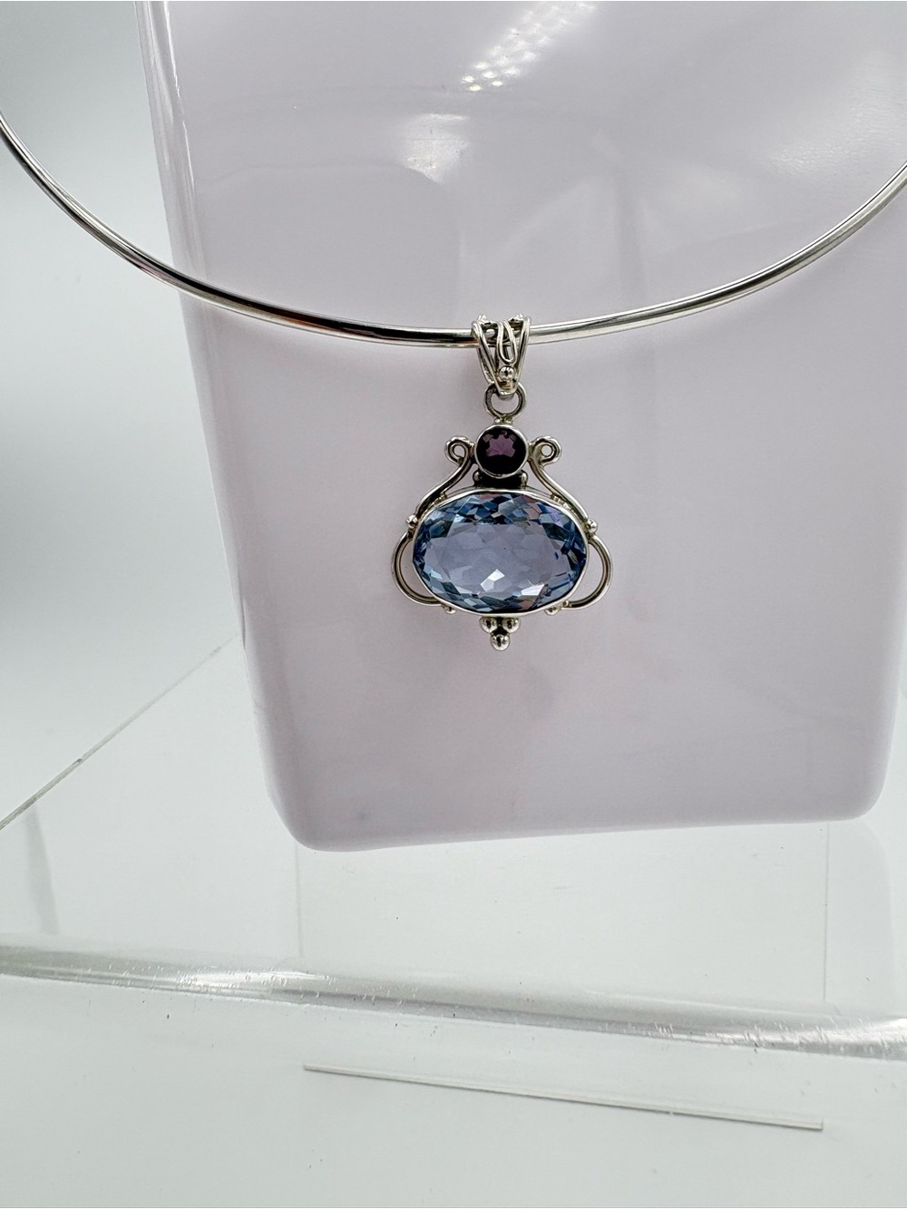 Elegant 925 Silver 10 CT Faceted Aquamarine & Amethyst Pendant - (Pendant Only) - Picture 13 of 16